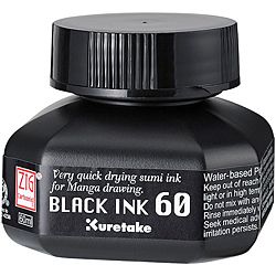 Kuretake Zig Cartoonist Black Pen Ink (Black Contains 60 mL water based pigmentWaterproof after it driesVery quick drying sumi inkIdeal for manga drawingConforms to ASTM D4236Imported )