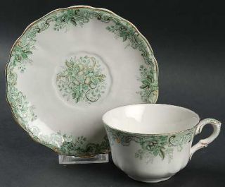 John Maddock Majestic Green (Scalloped,Gold Accent) Flat Cup & Saucer Set, Fine