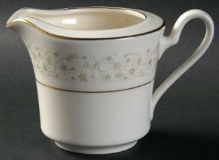 Noritake Carlyle Creamer, Fine China Dinnerware   White Flowers, Green Shadow Fo