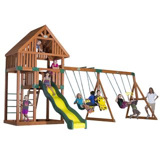Backyard Discovery Quest All Cedar Swingset (Cedar woodAge recommendation Three (3) to 10 years oldWeight 680 pounds Materials Cedar wood and metalDimensions 156 inches high x 283 inches wide x 171 inches longPlease note Orders of 151 pounds or more 