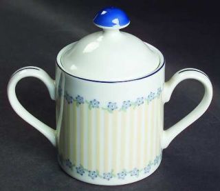 Arita Woodbury Sugar Bowl & Lid, Fine China Dinnerware   Gear,Tan Band,Blue Flow