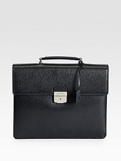 Salvatore Ferragamo Double Gusset Leather Briefcase   Black