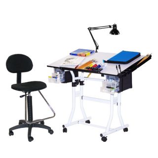Martin White Creation Station Drafting Table, Chair, Lamp And Tray Set (White, blackMaterials Press board, steel, plastic, cloth, foamLamp requires one (1) 60 watt bulb (not included)Chair seat adjusts from 25 to 34 inches highTable dimensions 31 34 inc