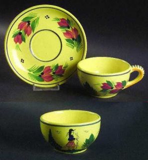 Quimper Soleil Yellow (Round) Flat Cup & Saucer Set, Fine China Dinnerware   Yel