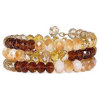 Brown, Opaque White & Clear Glass Bead Coil Bracelet, Brown