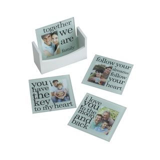 Melancco Sentiment Coasters Set Of 4 (Clear/blackMaterial MDF, 5mm glassIncludes Four (4) photo coasters, storage boxSetting IndoorDimensions 5 inches long x 4 inches wide x 2 inches thickCare instructions Wipe down with dry clothHeat resistant glass