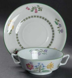Spode Summer Palace (Fine Stone) Footed Cream Soup Bowl & Saucer Set, Fine China