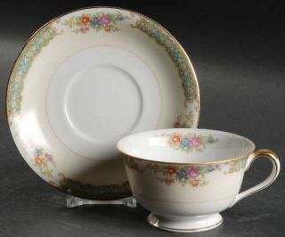 Noritake Mystery #191 Footed Cup & Saucer Set, Fine China Dinnerware   Green & T