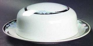 Excel Caravel Round Covered Butter, Fine China Dinnerware   Floral, Black Border