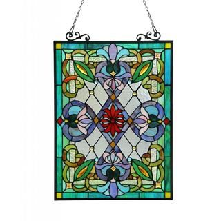 Tiffany Style Victorian Design Window Art Glass Panel (Green, blue, red and clear art glass Materials Metal and art glass Pattern Tree of life Glass Art glass Dimensions 25.59 inches long x 18 inches wide x 0.25 inch high Weight 7 poundsAssembly Mou