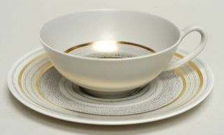Sascha Brastoff Roman Coin Flat Cup & Saucer Set, Fine China Dinnerware   Gold A