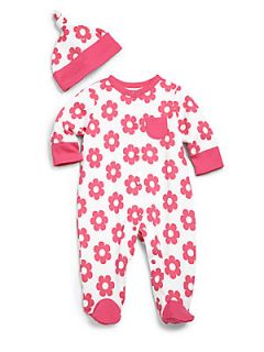 Offspring Infants Two Piece Daisy Print Footie & Hat Set   Hot Pink