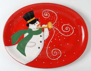 Snowmaker 18 Oval Serving Platter, Fine China Dinnerware   Snowman,Hat,Green Sc