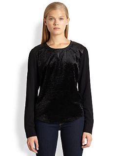 Boundary & Co. Cait Faux Leather Paneled Velvet & Jersey Sweatshirt   Black