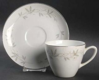 Mikasa Felicia Flat Cup & Saucer Set, Fine China Dinnerware   White Flowers, Gra