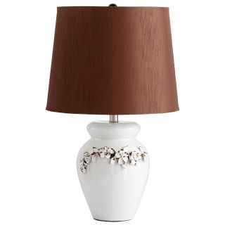 Cyan Design Anza White Floral Motif Ceramic Table Lamp (WhiteCeramic baseBrown fabric shade with white lining10 feet electric cordMaterials Ceramic and FabricSetting IndoorOn/off Switch with dimmer on cordFixture finish White with rustic brown accents