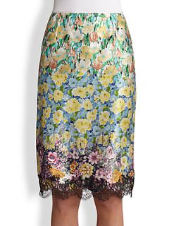 Nina Ricci Lace Trimmed Floral Silk Skirt   Yellow