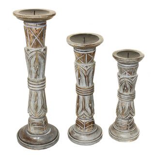 Pompei Ash Hand crafted Distressed Wood Pillar Candle Holders (set Of 3) (AshMaterials WoodCare Wipe with a soft dry clothLarge dimensions 17.5 inches high x 6 inches in diameterMedium dimensions 14.5 inches high x 5 inches in diameterSmall dimensions