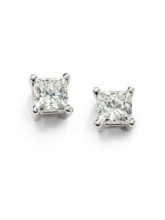 1 TCW Princess Diamond & 18K White Gold Stud Earrings   Diamon