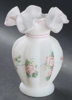 Fenton Rose Garden Flower Vase   Matte White,Handpainted Roses,Pink Edges