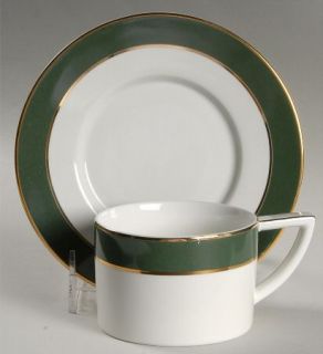 Ralph Lauren Southport Green W/Gold Flat Cup & Saucer Set, Fine China Dinnerware