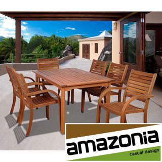 Riviera 7 piece Rectangular Dining Set (BrownMaterials Euclayptus woodFinish StainedWeather resistantUV protectionTable dimensions 29 inches high x 59 inches wide x 35 inches deepArmchair dimensions 36 inches high x 23 inches wide x 23 inches deepWeig