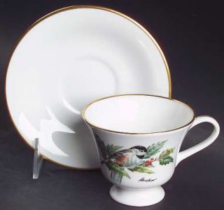 Boehm Chickadee & Holly Footed Cup & Saucer Set, Fine China Dinnerware   Bone, B