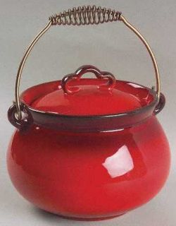 Metlox   Poppytrail   Vernon Red Rooster Red Kettle Casserole & Lid w/Metal Hand