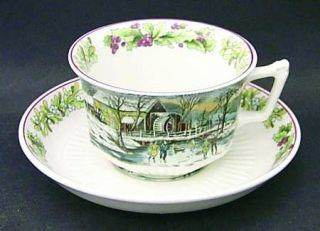 Adams China Winter Scenes (Holly Border Newer) Flat Cup & Saucer Set, Fine China