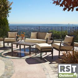Zen By Rst 5 piece Deep Seating Patio Furniture Set (Weathered grayMaterials Cast aluminum, Sunbrella Spectum Sand fabric, hand woven PE rattan, polystyrene woodCushions includedWeather resistantDimensions Love seat 35 inches high x 57 inches wide x 24