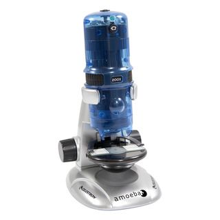 Celestron Amoeba Blue Digital Microscope (BlueMagnification 10x, 60x, and 200xObjective diameter NAAngle of view NAField of view NAClose focusing distance NAExit pupil NARelative brightness NAEye relief NALens coating NALens color ClearPrism typ