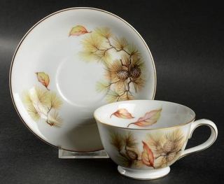 Fuji Autumn Footed Cup & Saucer Set, Fine China Dinnerware   Pine Cone Sprig