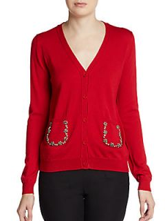 Embellished Merino Wool Cardigan   Red