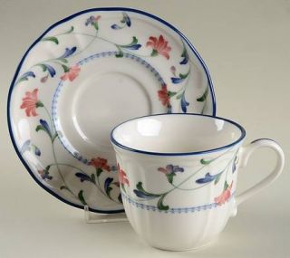 Epoch Indigo Garden Flat Cup & Saucer Set, Fine China Dinnerware   Pink Flowers,
