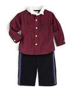 Ralph Lauren Infants Two Piece Plaid Shirt & Corudroy Pants Set   Red