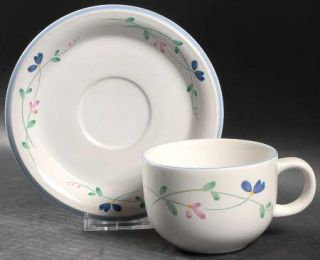 Hearthside Allegro Flat Cup & Saucer Set, Fine China Dinnerware   Blue & Pink Fl