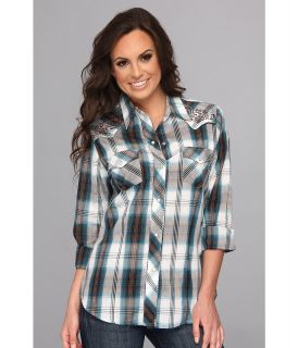 Roper 8858 Brown Turquoise Plaid Womens Long Sleeve Button Up (Brown)