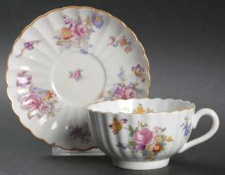 Spode Dresden Rose (Y5758,Fluted) Footed Cup & Saucer Set, Fine China Dinnerware