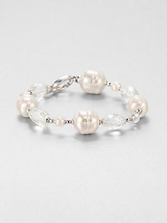 Majorica 12MM & 14MM Baroque & 6MM Pearl and Clear Quartz Bracelet   Pearl Silve