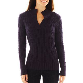 LIZ CLAIBORNE Long Sleeve Split Mock Neck Cable Sweater, Navy, Womens