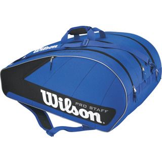 Wilson 2012 Pro Staff 12 pack Tennis Bag (Blue/black/whiteDimensions 30 inches long x 14 inches wide x 13 inches high Weight 3 poundsThree racquet/gear compartments that accommodate a total of 12 racquets.Small accessory compartment. Padded shoulder str