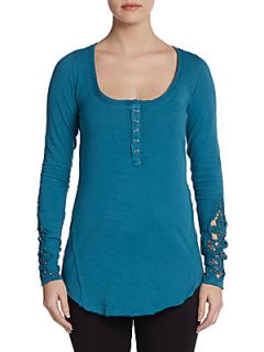 Embroidered Cuff Henley Top   Dark Turquoise