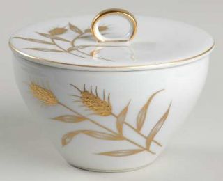 ACI Golden Leaf Sugar Bowl & Lid, Fine China Dinnerware   Gold Wheat,Coupe Shape