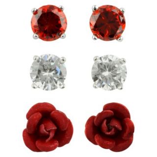 Womens Button Earrings Set of 3 with Cubic Zirconia Studs and Rose  