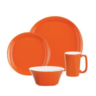 Rachael Ray Round and Square Orange 4 piece Dinnerware Set (OrangeMaterials Stoneware Care instructions Dishwasher safeService for 1Number of pieces in set 4Set includes One (1) 11 inch dinner plate, one (1) 8.5 inch salad plate, one (1) 6 inch cerea