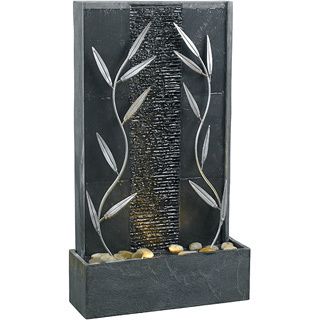 Eurybia Indoor/ Outdoor Floor Fountain (Natural grey slate with decorative metal accents Materials SlateInstallation requiredPortableNumber of pieces Two (2)Package contents Fountain, water pump, specification sheet, instructions Dimensions 33 inches 
