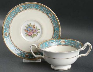 Wedgwood Runnymede Turquoise Footed Cream Soup Bowl & Saucer Set, Fine China Din