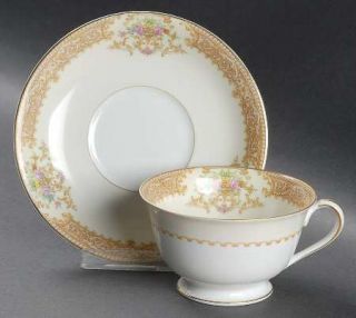 Noritake Mystery #55 Footed Cup & Saucer Set, Fine China Dinnerware   Tan Border