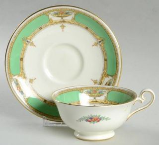 Royal Doulton H3386 Footed Cup & Saucer Set, Fine China Dinnerware   Green Panel