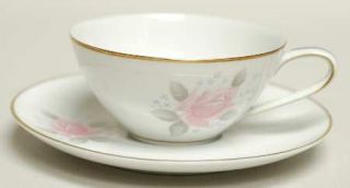 Noritake Roseville Flat Cup & Saucer Set, Fine China Dinnerware   Pink Rose, Blu